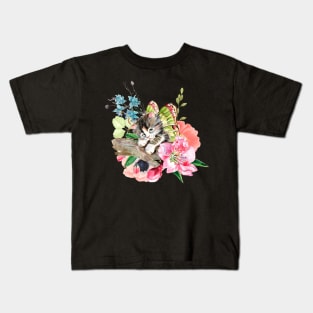 Cute Kitten on Watercolor Flowers Kids T-Shirt